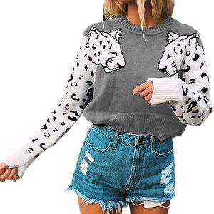 Women's Long Sleeve Crew Neck  Animal Leopard Print Knit Pullover Sweater Gray